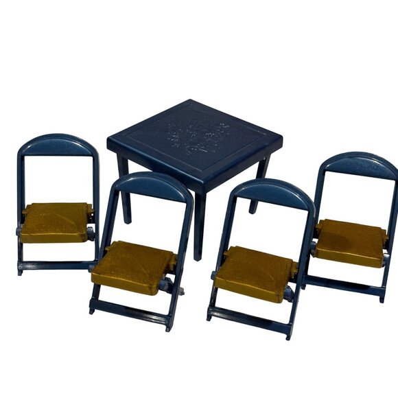 Vintage Renwal Dollhouse Miniature Folding Card Table & 4 Chairs Set Blue Gold - Picture 3 of 9